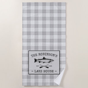 Family Lake House Oars Fish Rustic White Plaid Beach Towel