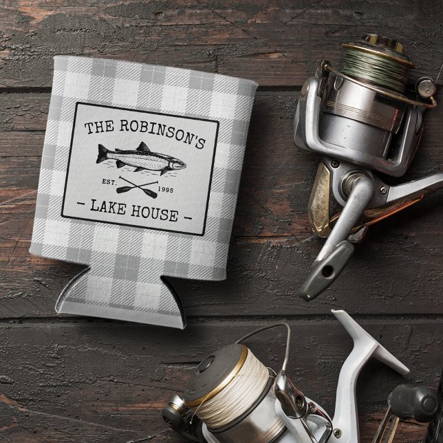 Family Lake House Oars Fish Rustic White Plaid Can Cooler (Creator Uploaded)