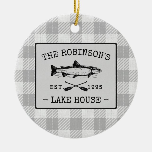 Family Lake House Oars Fish Rustic White Plaid Ceramic Tree Decoration (Front)