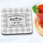 Family Lake House Oars Fish Rustic White Plaid Coaster<br><div class="desc">Beautiful, rustic themed cork back coasters with your personalized family name, lake house, fishing cabin or other desired text and it's established date. This custom design features rustic style typography with artwork of a fish and boat oars and framed in a white plaid style print with shades of soft gray....</div>