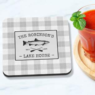 Family Lake House Oars Fish Rustic White Plaid Coaster