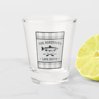 Family Lake House Oars Fish Rustic White Plaid Shot Glass