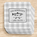 Family Lake House Oars Fish Rustic White Plaid Square Paper Coaster<br><div class="desc">Beautiful, rustic themed square paper coasters with your personalised family name, lake house, fishing cabin or other desired text and it's established date. This custom design features rustic style typography with artwork of a fish and boat oars and framed in a white plaid style print with shades of soft grey....</div>