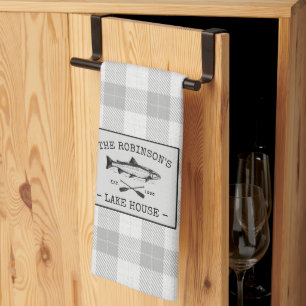 Family Lake House Oars Fish Rustic White Plaid Tea Towel