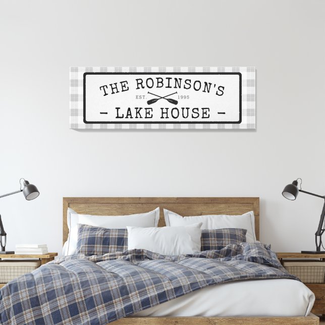 Family Lake House Oars Paddles Rustic White Plaid Canvas Print (Insitu(Bedroom))