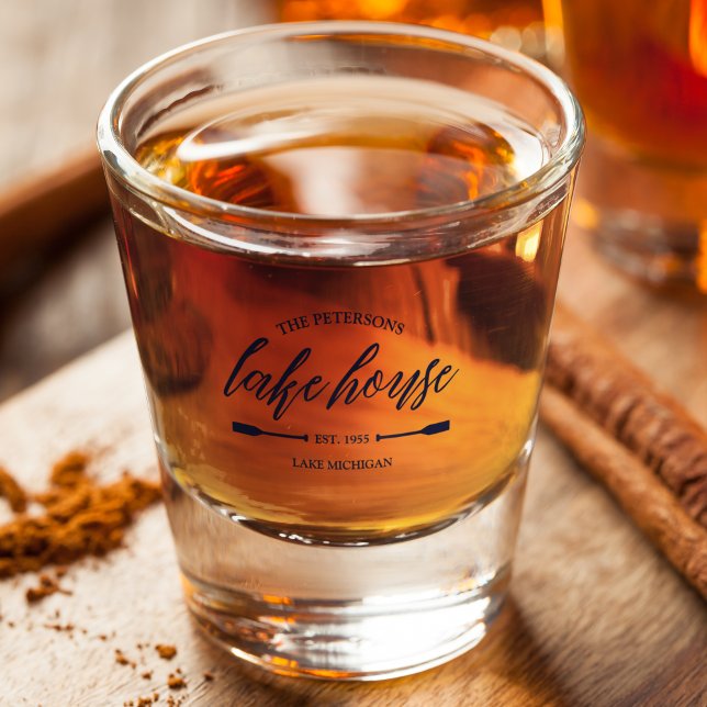 Family Lake House Rental Nautical Custom Decor Shot Glass (Lake House Custom Decor Family Name Vacation Rental Rustic Navy Blue Coastal Oar)