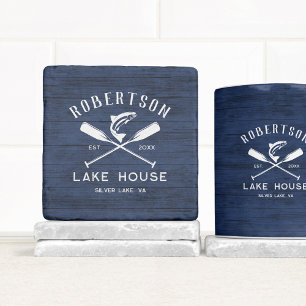 Family Lake House Rustic Navy Blue Wood Stone Coaster