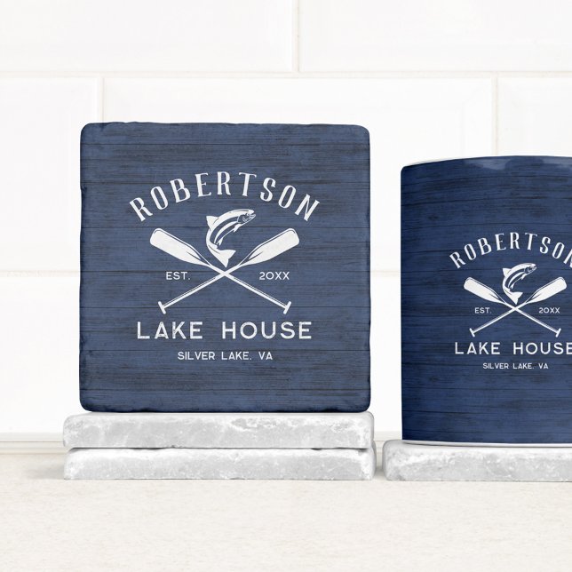 Family Lake House Rustic Navy Blue Wood Stone Coaster (Creator Uploaded)