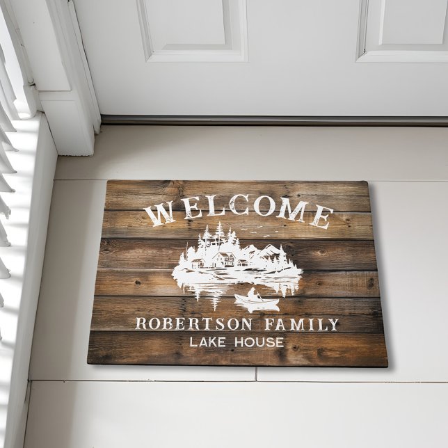Family Lake House Rustic Wood Welcome Doormat (Creator Uploaded)