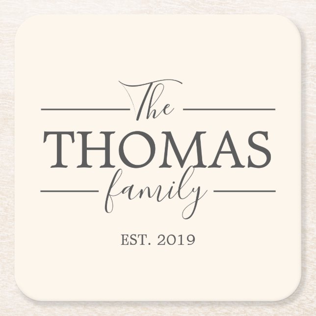 Family Last Name Housewarming Party Wedding Shower Square Paper Coaster (Front)