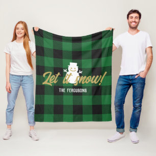 Family Let It Snow Christmas Green Buffalo Plaid Fleece Blanket