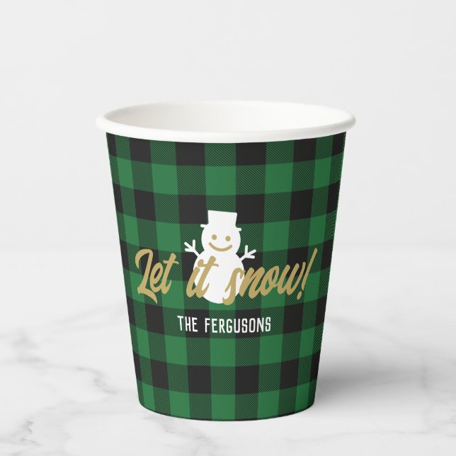 Family Let It Snow Christmas Green Buffalo Plaid Paper Cups (Front)