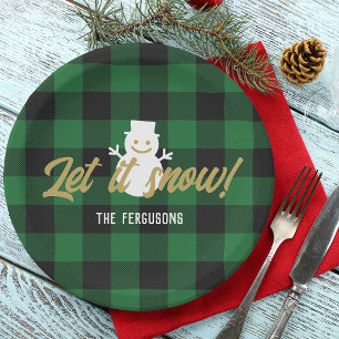Family Let It Snow Christmas Green Buffalo Plaid Paper Plate