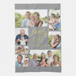 Family Life is the Best Life Grey Yellow 7 Photo Tea Towel