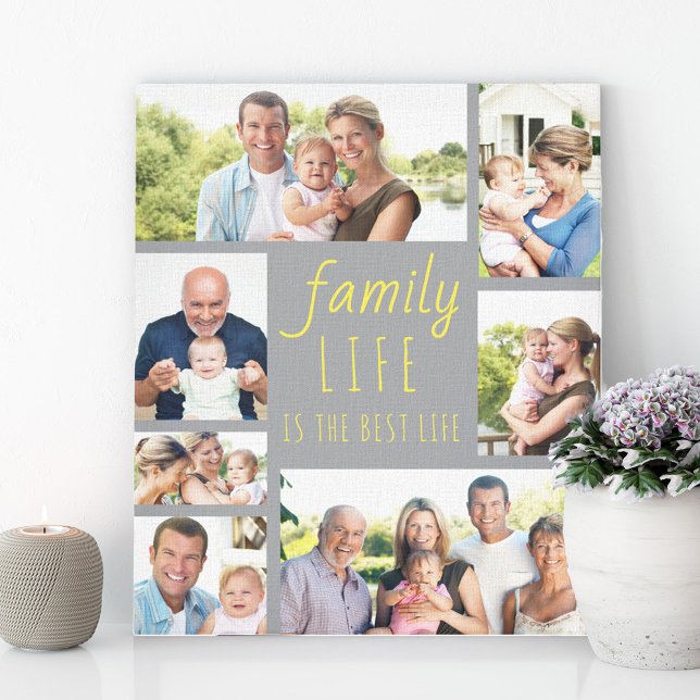 Family Life Quote 7 Photo Collage Grey and Yellow Canvas Print (Creator Uploaded)