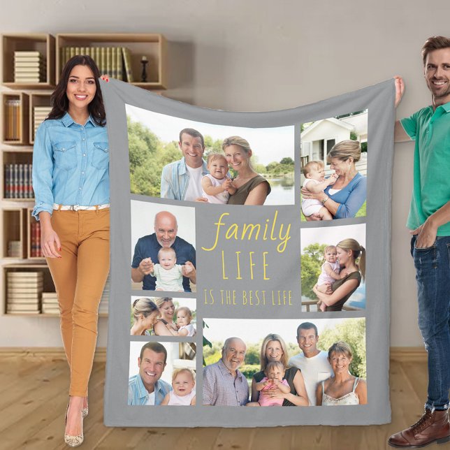 Family Life Quote Grey and Yellow 7 Photo Fleece Blanket (Creator Uploaded)