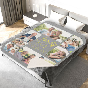 Family Life Quote Grey and Yellow Multi Photo Sherpa Blanket
