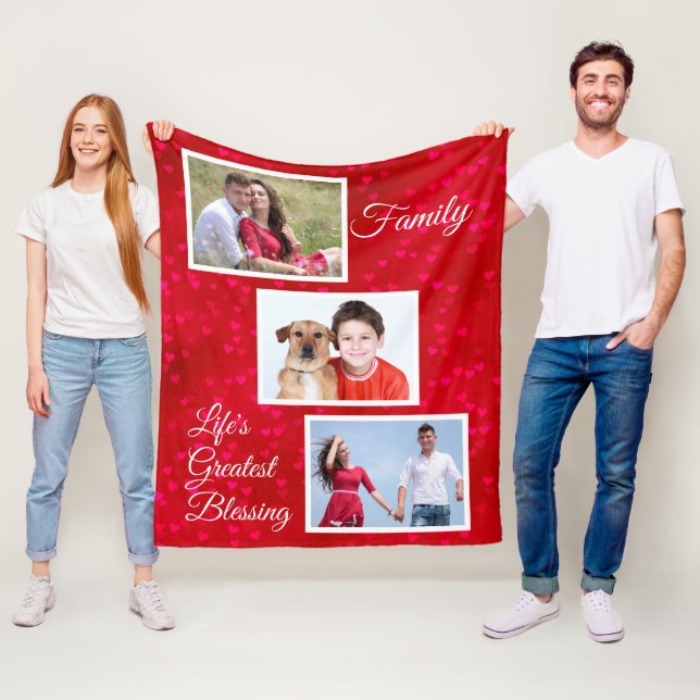 Family - Life's Greatest Blessing Hearts 3 Photos Fleece Blanket (In Situ)