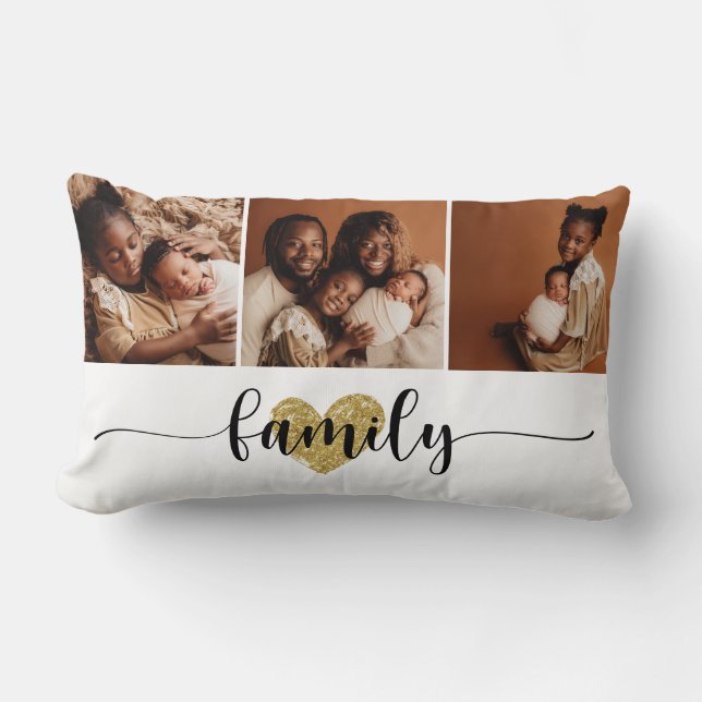 Family Love Black Script 3 Photos Custom Collage Lumbar Cushion (Front)