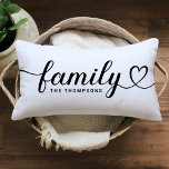 Family Love Black Script Custom Monogram Lumbar Cushion<br><div class="desc">Modern and stylish custom lumbar throw pillow design features simple and minimal "Family" typography that includes flourish and heart details. Personalise the uppercase text below with a monogram or year established. The black and white colours can be modified.</div>