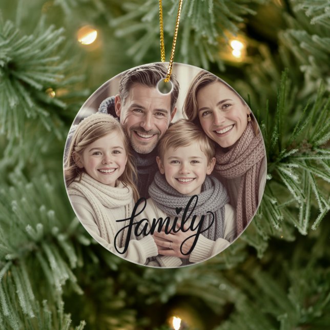Family Love Black Script Custom Photo Ornament (Tree)