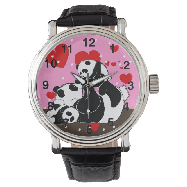 Family Love Cute Panda Bears Playing Art by LeahG Watch (Front)