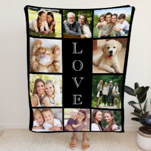 Family Love Multi-Photo Collage Modern Black Fleece Blanket