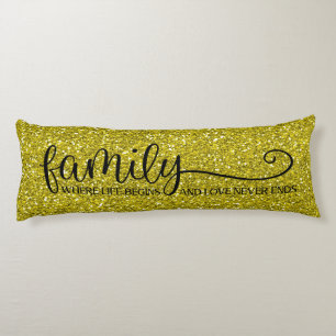 Family Love Never Ends Quote Gold Glitter Black Body Cushion