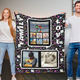 Family Love Photo Collage Ditsy Floral Pattern Fleece Blanket