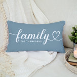 Family Love Script Dusty Blue Custom Monogram Lumbar Cushion<br><div class="desc">Modern and stylish custom lumbar throw pillow design features simple and minimal "Family" typography that includes flourish and heart details. Personalise the uppercase text below with a monogram or year established. The white and dusty slate blue colours can be modified.</div>