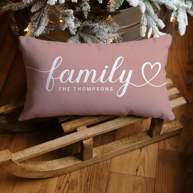 Family Love Script Dusty Rose Custom Monogram Lumbar Cushion (Creator Uploaded)