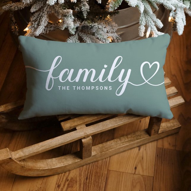 Family Love Script Grey Green Custom Monogram Lumbar Cushion (Creator Uploaded)