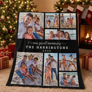 Family Memories Black Photo Collage Modern Script Fleece Blanket
