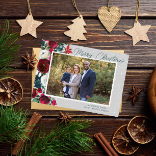Family Merry Christmas Holiday Floral Photo Card