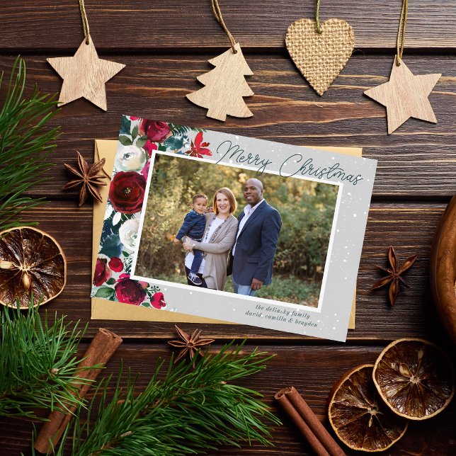 Family Merry Christmas Holiday Floral Photo Card (Creator Uploaded)
