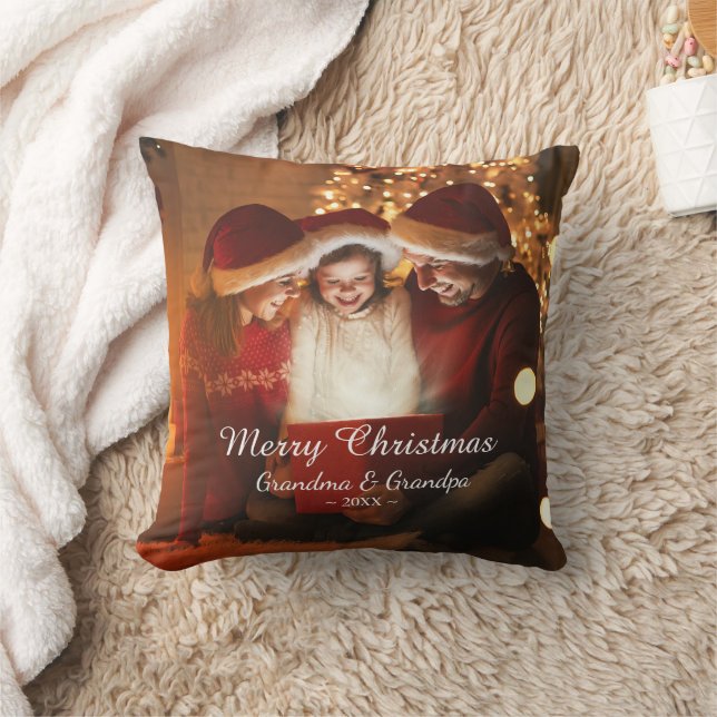 Family Merry Christmas Photo Grandma Grandpa Cushion (Blanket)