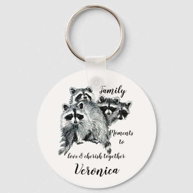 Family Moments Quote Cute Raccoons Custom Name Key Ring (Front)