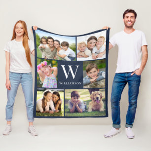 Family Monogram 6 Photo Collage Blue Fleece Blanket