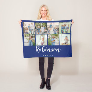 Family Monogram 8 Photo Collage   Navy Fleece Blanket