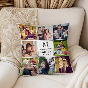 Family Monogram Black Square Custom Photo Collage Cushion