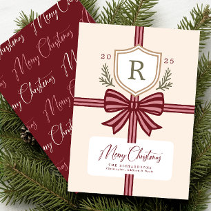 Family Monogram Bow Rustic Non-Photo Holiday Card