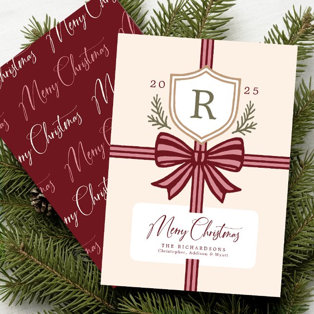 Family Monogram Bow Rustic Non-Photo Holiday Card (Front and Back on a 5" x 7" card)