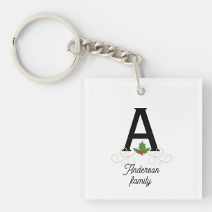Family Monogram Christmas Holly Key Ring