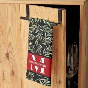 Family Monogram Christmas Holly Tea Towel