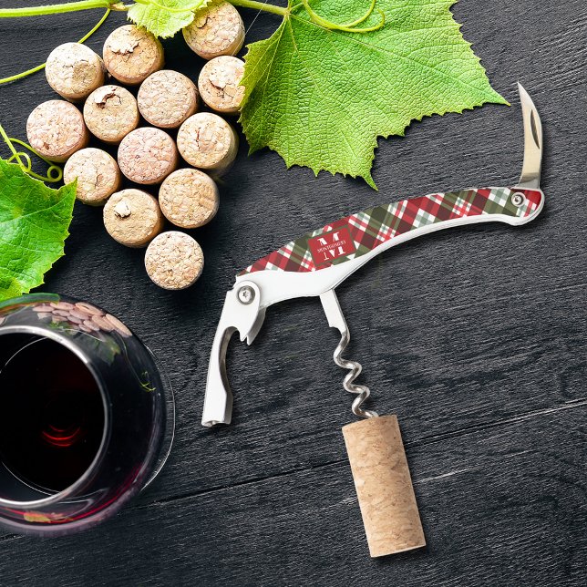 Family Monogram Christmas Plaid Corkscrew (Monogrammed family name Christmas plaid corkscrew)
