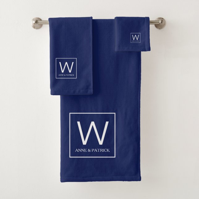 Family Monogram Couple Names Blue Bath Towel Set (Insitu)