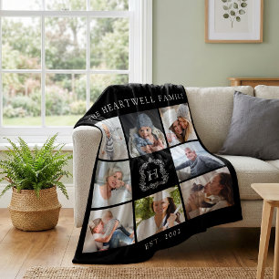 Family Monogram Crest 8 Photo Collage Black White Fleece Blanket
