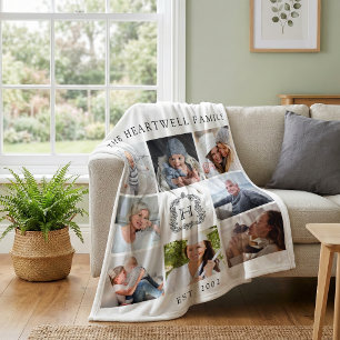 Family Monogram Crest 8 Photo Collage White Black Fleece Blanket