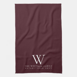 Family Monogram Elegant Burgundy Kitchen Tea Towel