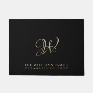 Family Monogram Elegant Script Black Doormat
